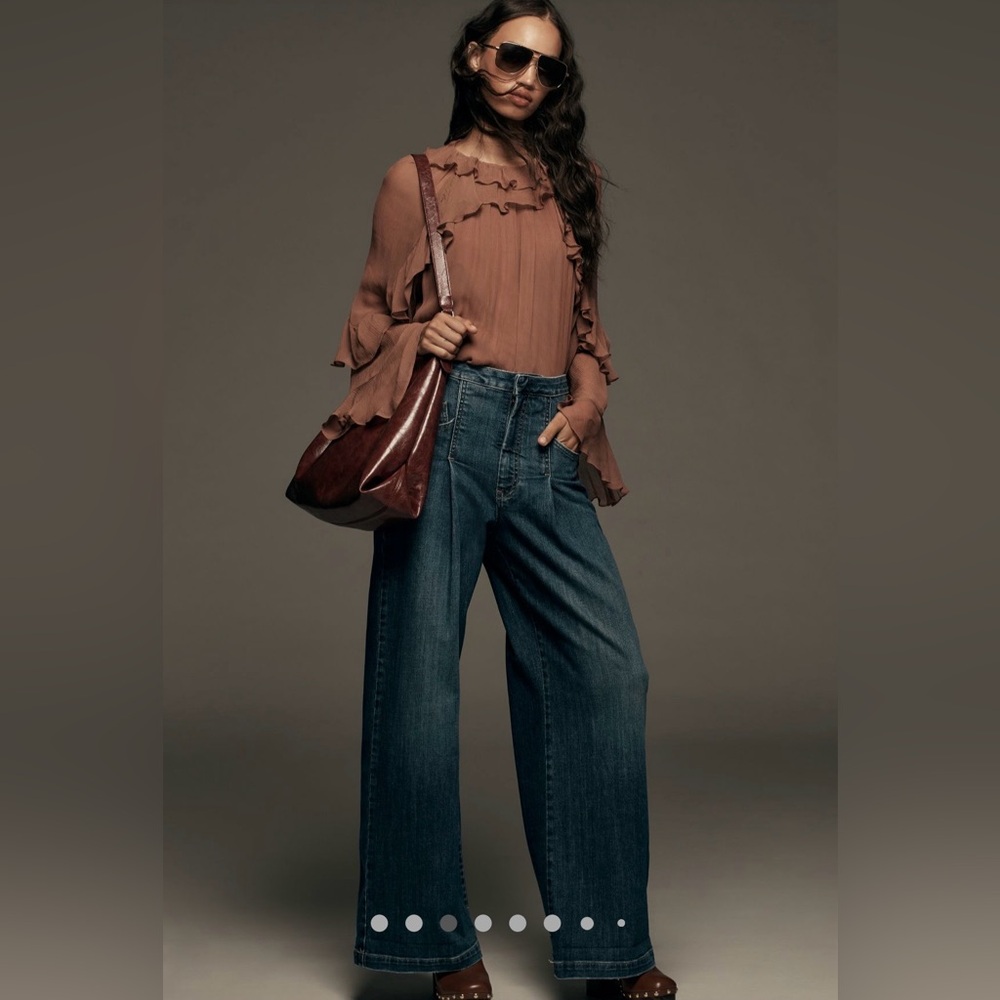 The Emory Dark Denim Pleated High-Rise
Wide-Leg Jeans by Pilcro, size 27